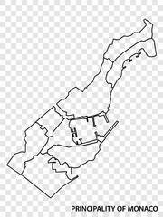 Blank map Monaco. Municipality of Monaco map. High detailed gray vector map of Monaco on transparent background for your design, logo, app, UI. Stock vector. EPS10. 