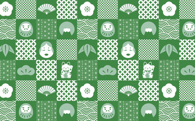 日本の象徴 和の縁起物をあしらった市松模様のシームレスパターン背景_パターン登録あり_緑 - obrazy, fototapety, plakaty