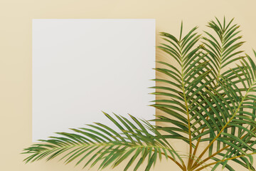 Greeting or invitation paper card mock up with palm tree leaf decorations. Square invitation card mockup with palm tree on beige table.