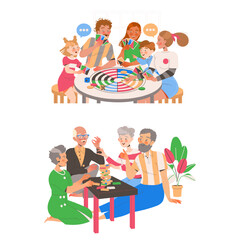 People Characters Playing Board Games Gathered Together Having Fun on Weekend Vector Set