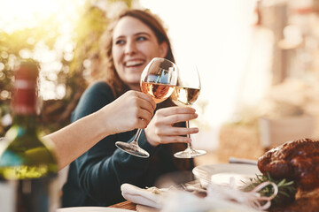 Wine, glasses and toast people at restaurant for thanksgiving, holiday celebration and fine dining lifestyle in winery or hospitality. Champagne, alcohol and woman celebrate, cheers and social event