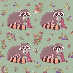 The pattern with the raccoon. A raccoon in the woods. Seamless background with elements of berries and flowers.