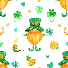 Watercolor seamless pattern with gnomes Leprechauns. Coins, shamrock. White background. Celtic. St Patrick's Day.