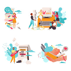 People Characters Working with Text Near Big Typewriter, Notepad and Books Stack Vector Set