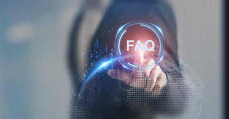 FAQ - Frequently asked questions concept. Chatbot technology concept. Artificial intelligence (AI) applications and innovation. Frequently asked questions in websites, social networks, business. - obrazy, fototapety, plakaty