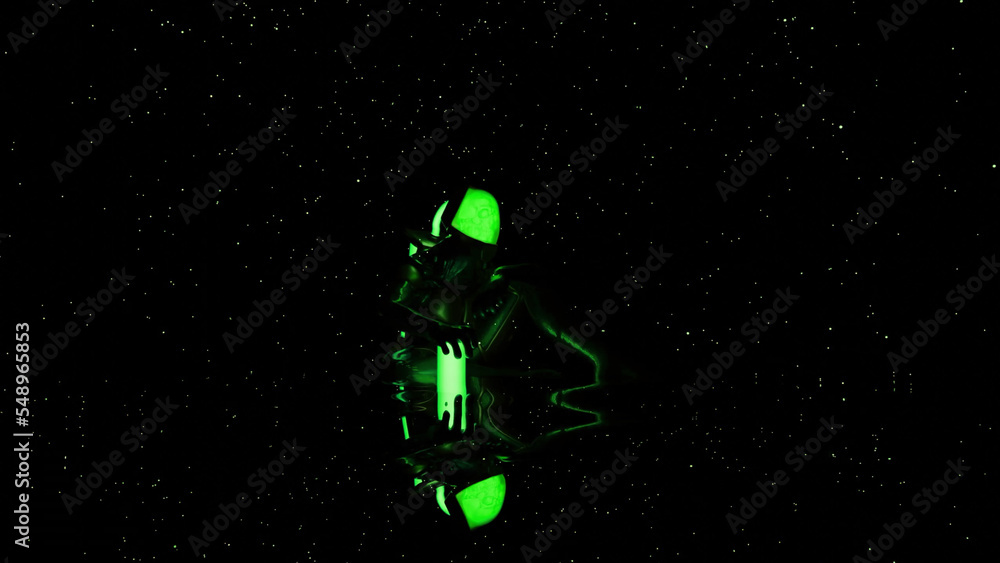 Poster futuristic 3d device glows in dark. design. frightening glowing object in dark space with midges. co