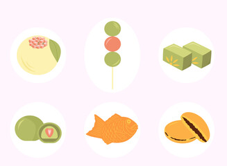 Japanese sweets. Vector icons. Asian food. Dessert.