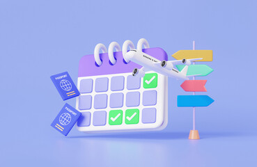 Leisure touring flight travel holiday summer concept. Calendar appointment schedule suitcase with passport Tourism trip planning world tour. Minimal cartoon style. 3d rendering illustration