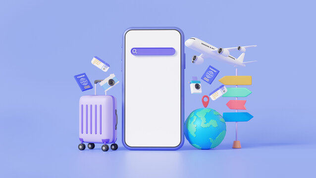 Travel online booking service search on mobile phone.Tourism plane trip planning world tour with pin location suitcase, leisure touring holiday summer concept. 3d render illustration. Minimal cartoon