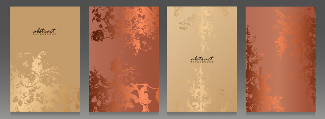 Elegant cover set, colour beige and copper. Floral motif, fashionable abstract design, painting style. Modern design, shiny and metallic effect. Vector template.