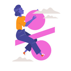 Young Woman Character Sitting on Purple Percentage Sign Flying High Vector Illustration