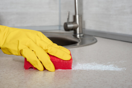 Cleaning. Woman Gloves Hands Cleaning Kitchen. Cleaning Home Table, Sanitizing Kitchen Table, Surface With Red Sponge. Deep Cleaning Service. Copy Space