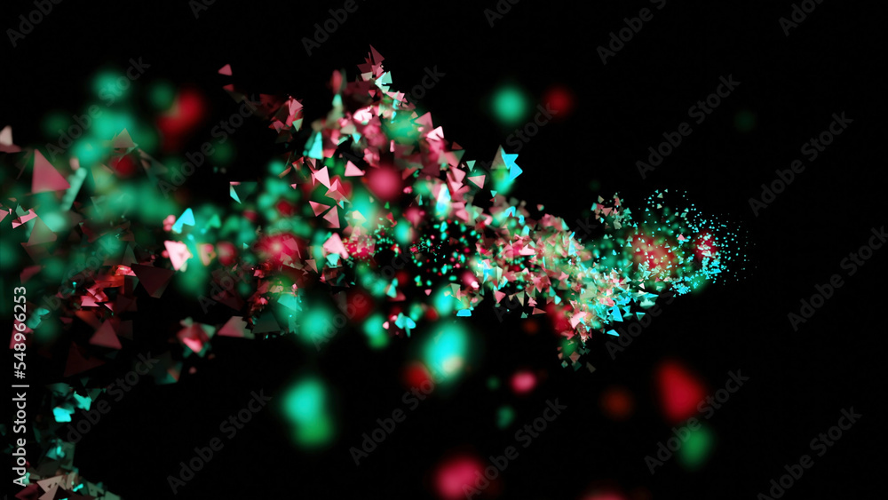Poster colorful shimmering particles move in stream. design. stream of bright shining confetti on black bac