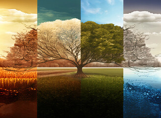 An abstract tree is composed of four different images of the same tree, depicting it in different seasons: spring, winter, summer, and autumn. Reflected in a lake. Concept of weather and nature cycles - 548966215