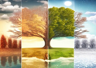 Four Seasons in an abstract tree, a composite collage of four images of the same tree in blooming spring, in the snow of winter, in the summer sun, and in autumn foliage.