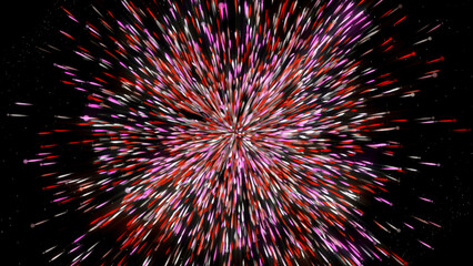 Explosion of colorful 3d particles in festive style. Motion. Colorful balls with particles move in festive explosion. Colorful explosion with stream of moving particles and 3D balls