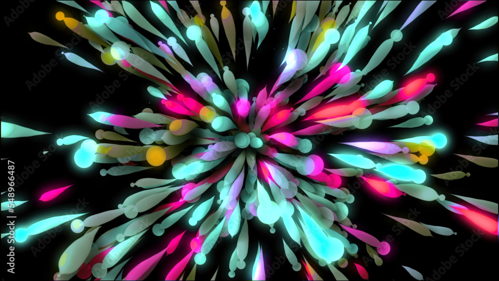 Poster explosion of colorful 3d particles in festive style. motion. colorful balls with particles move in f