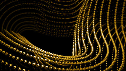 Curving animation with chains of dots. Design. 3D structure with chains of dots bends and moves. Geometric curving line of dots in chains on black background
