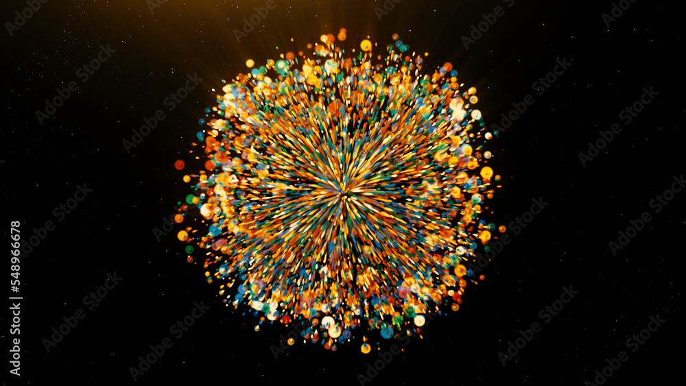 Poster colorful particles disappear in center of space. motion. temporary disappearance of colorful particl