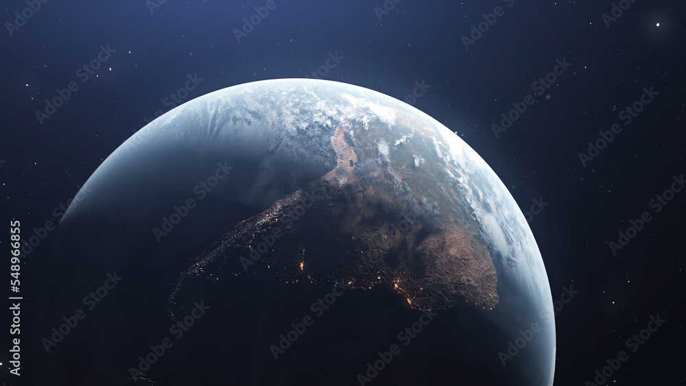 Poster rotating earth with change of day. motion. 3d model of natural planet earth with accelerated rotatio