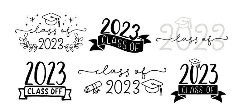 CLASS OF 2023 set of graduation logo with cap and diploma for high school, college graduate. Template for graduation design, party. Hand drawn font for yearbook class of 2023. Vector illustration.