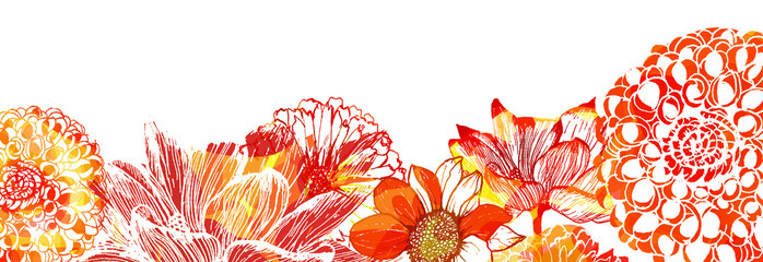 Banner con fiori astratti arancio e giallo isolati su sfondo bianco © sommaria