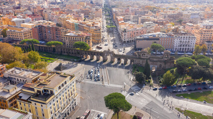 Aerial view of Porta San Giovanni in Rome, Italy. It is a gate in the Aurelian Wall. Its name is...