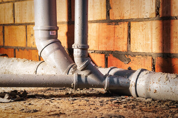 Sewer pipes in home basement. System of gray sanitary pipes when building a house. Sewer...