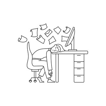 Worker burnout at workplace in office doodle style.