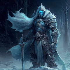 fantasy concept art of an ice Knight holding a Sword in Armor. Full Portrait. Snow Landscape Dark Background. 
