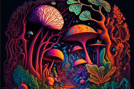 Colorful playful forest scene with mushrooms and exotic birds and plants in vivid peakcock colors, psychedelic style, illustration design art style 