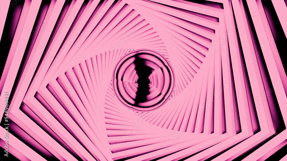 Poster 3d tunnel with geometric lines and circle at end. design. spiral tunnel with lines and rings. bright