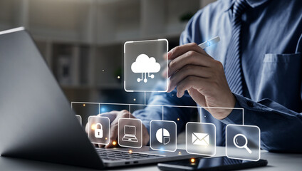 Hand touching cloud computing icons.