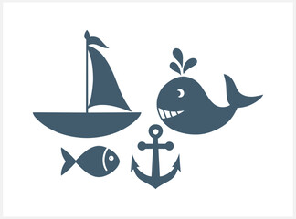 Fototapeta premium Doodle marine set clipart isolated. Hand drawn art. Sea stencil. Vector stock iillustration. EPS 10