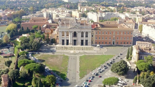 Aerial view of the Papal Archbasilica of Saint John Lateran, also referred to as the Cathedral of Rome. It is the oldest basilica in western Europe and the most important of the major papal basilicas.
