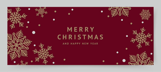 Christmas banner with golden snowflakes on red background template. Winter holidays greeting card. Vector illustration