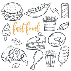 Fast food doodle set. Simple black outline image food. Hand drawn ink collection isolated vector illustration