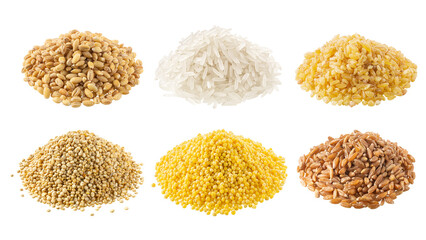 Piles of uncooked wholegrain cereals isolated png