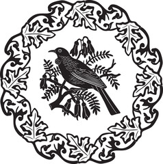Fototapeta na wymiar Bird logo with floral frame black vector handmade