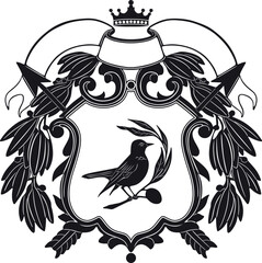 Bird logo with floral frame black vector handmade