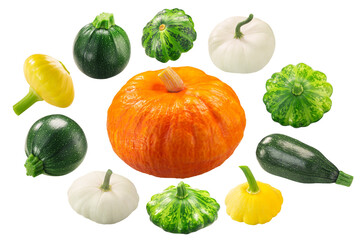 Different winter and summer squashes (Cucurbita pepo fruits)  isolated png