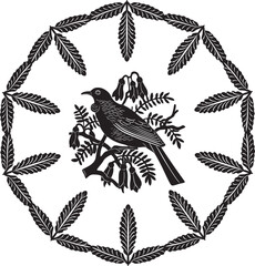 Bird logo with floral frame black vector handmade