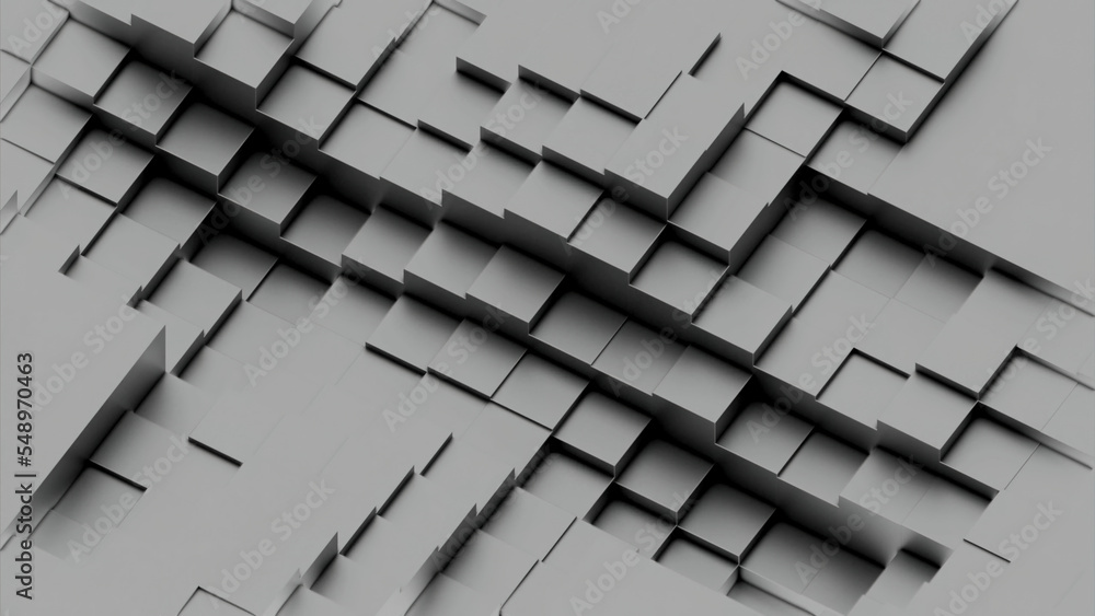 Poster surface of squares moving out in waves. design. squares are moving above surface. 3d surface with re
