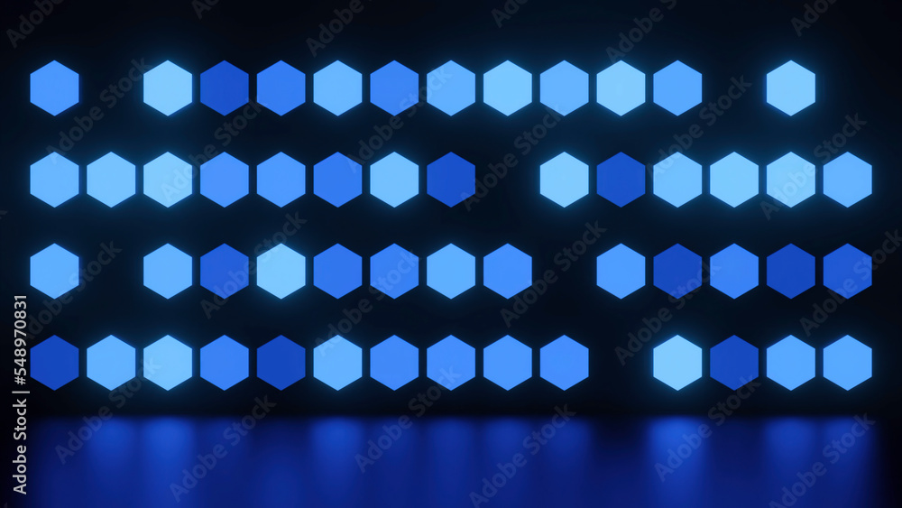 Poster background of flashing hexagons. design. glowing hexagons with reflection on surface of black backgr