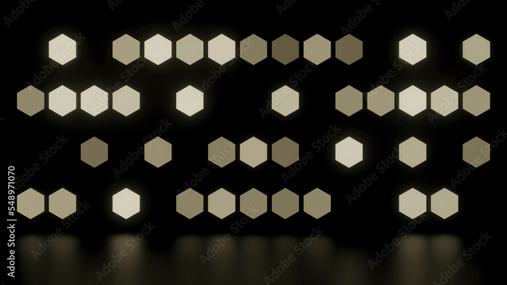 Poster background of flashing hexagons. design. glowing hexagons with reflection on surface of black backgr
