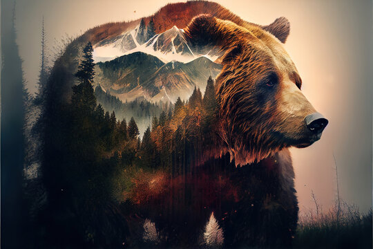 Brown Bear Silhouette With Rocky Mountains, Double Exposure