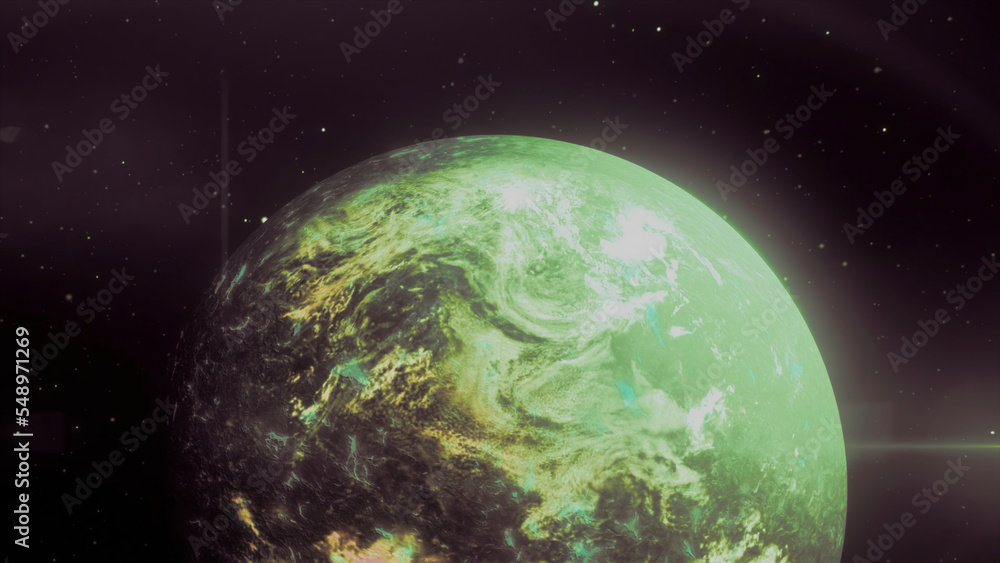 Poster 3d animation with planet in space. motion. colored planet with radiation in space. planet with color