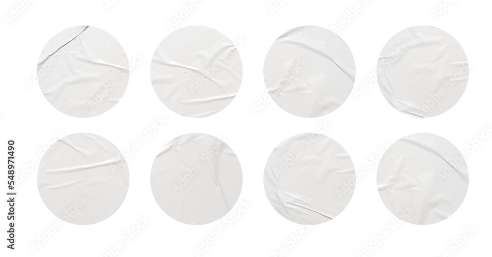 Poster white stickers mockup. blank labels of different shapes, circle wrinkled paper emblems. copy space. 