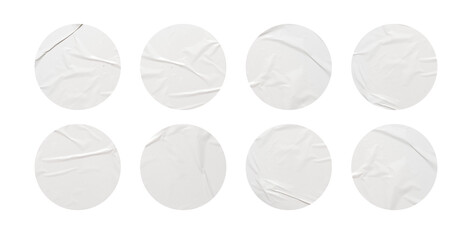 White stickers mockup. Blank labels of different shapes, circle wrinkled paper emblems. Copy space. Stickers or patches for preview tags, labels