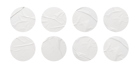 White stickers mockup. Blank labels of different shapes, circle wrinkled paper emblems. Copy space. Stickers or patches for preview tags, labels